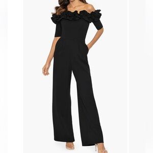 Xscape Black Jumpsuit Modern Off the Shoulder Ruched Ruffle Scuba Crepe Jumpsuit